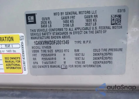 2015 GMC Acadia Slt-1 z USA, uszkodzony, nr VIN 1GKKVRKD3FJ301349